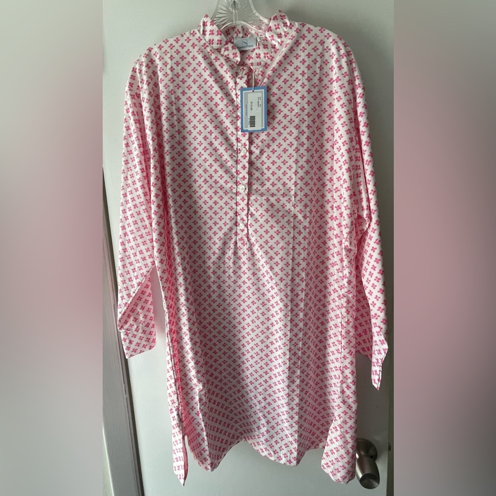 BNWT STAMATTINA FINE COTTON NIGHTGOWN IN PINK/WHITE BUTTON ITALY LADIES SIZE XL